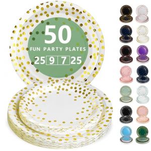 Nkaiso Assiette Jetable Anniversaire, 50 Pi&egrave;ces Blanc Or Vaisselle en carton - 25 Assiettes Plateaux 23cm & 25 Assiettes Dessert 18cm - Pour Mariage, Anniversaire & &Eacute;v&eacute;nements (Nkaiso, neuf)