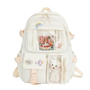 Sac &agrave; dos Kawaii pour L'&eacute;cole, Sac &agrave; dos Mignon avec Accessoires Kawaii, Broche et Pendentif,Animal en Peluche (Beige) (wulizizi, neuf)
