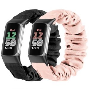 Wizvv Lot de 2 bracelets Scrunchie compatibles avec Fitbit Charge 5/Fitbit Charge 6 pour homme et femme - Bracelet de rechange en nylon extensible respirant pour Charge 5/Charge 6, S（119mm-160mm (Sunnyson-eu, neuf)