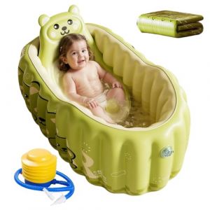 Baignoire gonflable pour b&eacute;b&eacute; avec dossier, antid&eacute;rapante pour enfants et tout-petits &ndash; Baignoire portable avec si&egrave;ge et coussin d'air, inclut une pompe, id&eacute;ale pour voyages et &agrave; la maison (Vert) (Zamtzax, neuf)