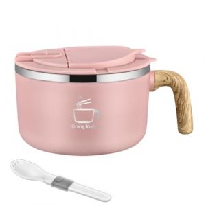 Tuzsocr Bol à ramen en acier inoxydable,Bols de Nouilles Instantanées(1200ML),Bol à Soupe avec Couvercle,Bol Pâtes avec Cuillère Pliante,Poignée en Grain de Bois,pour Ramen Japonais Udon Soba (Rose) (ZRY., neuf)