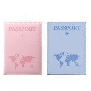 UEIOAVL Protège-passeports, 2 pièces porte-passeport en cuir PU étui à passeport Portable unisexe carte de crédit carte d'identité et document de voyage (rose + bleu clair) (KONGLINpengde, neuf)