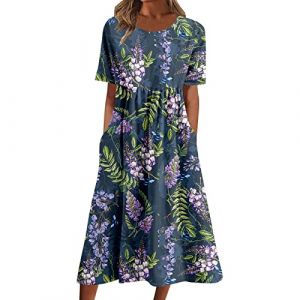 NNGOTD Robe Ete Femme Mi Longue Fluide Robe D'hotesse Femme - Mode D'été Femmes Décontracté Lâche Manches Courtes Col Rond Imprimer Frande Taille Robe Robe Mariée Robe Soiree Femme Bleu Foncé (BAULMD（90% Big Promotion Without Discount Code ）, neuf)