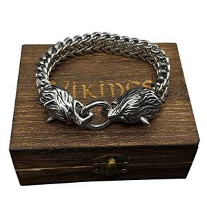 ZFSBRTL Mythologie Nordique Bracelet 3D en Argent T&ecirc;te de Loup, Bracelet Cr&acirc;ne d'homme Acier Inoxydable Viking Odin Loup Fenrir Amulette Vintage Cadeaux Bijoux avec Bo&icirc;te en Bois,23cm (yunlongStop, neuf)