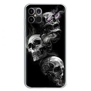 Coque de protection pour t&eacute;l&eacute;phone portable Halloween,Compatible avec Apple iPhone 12,Transparente,Anti-chocs,Silicone souple,Anti-rayures,TPU,Ultra fine,Motif t&ecirc;te de mort,Motif fleurs,Transparent (VooDirop, neuf)