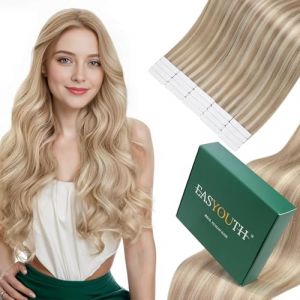 Easyouth Extension Cheveux Naturel Adhesif Blond Extension Adhesive Cheveux Humain Gris Doré Highlight Blond Blanchi Adhesive Cheveux Extension Vrais Lisse 35cm 40g 20Pcs #18/613 (Easyouth Hair, neuf)