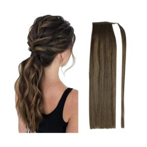 Queue de cheval bouclée Extensions de queue de cheval enveloppantes, cheveux brésiliens vierges, queue de cheval lisse #4/27, reflets bruns, cheveux humains blonds, queue de cheval avec pâte magique E (tanjianbo, neuf)