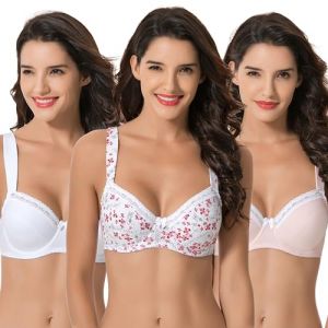 Curve Muse - Soutien-Gorge &agrave; Armatures Grande Taille pour Femmes, Non doubl&eacute;, Soutien-Gorge Balconnet en Coton avec-Paquet de 3-Pink,White,White Print-120C (Curve Muse EU, neuf)