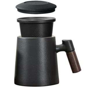 Tasse &agrave; Th&eacute; avec Couvercle et Passoire, Tasses &agrave; th&eacute; en Porcelaine Grande 400ml avec Infuseur et Poign&eacute;e en Bois, Cup C&eacute;ramique &eacute;maill&eacute;e Mate Jumbo pour Cadeaux Th&eacute; ou Infuser Caf&eacute;,sans Plastique Noir (Runqin, neuf)
