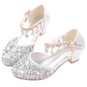 YOGLY Fille Talons Hauts Chaussures de Princesse Paillettes D&eacute;guisement Argent&eacute; Or Rose Doux Halloween No&euml;l Anniversaire Carnaval Cosplay EU26-38 (EVERY, neuf)