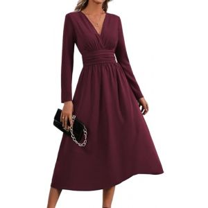 RIZUNTO Femme Robe Longue &agrave; Manches Longues Style Ete/Automne El&eacute;gante Robes de Plage Longues V Robe Casual et Chic Dress,Rouge-Violet,L (RIZUNTO, neuf)