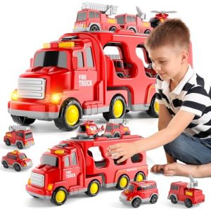 Camion de Transport Jouet pour 3-6 Ans, Camion de Pompier 7 en 1 avec Son et Lumi&egrave;re, Jouet V&eacute;hicule pour Enfant, Cadeau d'Anniversaire, V&eacute;hicules, Fonctionne par Friction, Jouet pour Gar&ccedil;on et Fille (Heke Toys, neuf)