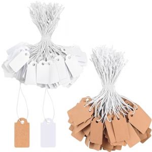 Lot de 200 petites étiquettes de prix avec cordon élastique - 26 x 13 mm - Étiquettes à suspendre pour bijoux, cadeaux, Noël (blanc et marron) (Nestled-Interiors, neuf)