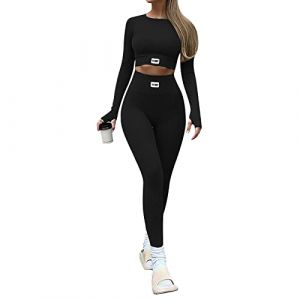 HodJIU Ensemble de vêtements de sport pour femme, combinaison de yoga, soutien-gorge élastique + leggings taille haute 2 pièces, combinaison de gym, manches longues, sans couture, fitness, Noir , S (Haikouxunchuanhandianzishangwuyouxiangongsi, neuf)