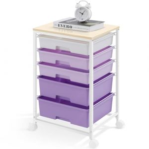 SYKIARIOL Chariot de salle de bain avec 5 tiroirs, chariot de cuisine avec plateau de table en bois, pour cuisine, salon, chambre &agrave; coucher, bureau, violet (SYKIARIOL, neuf)