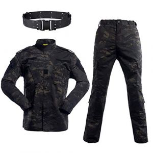 Ensemble Veste et Pantalon Camouflage Homme avec Ceinture Pour Airsoft Paintball Chasse Tir Jeu Tactique en Ext&eacute;rieur (Camo noir, XL) (haoYK, neuf)