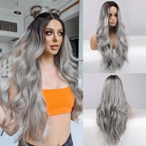 Perruque d'Halloween grise pour femme, gris argenté, longue bouclée, naturelle, perruque synthétique pour femme, perruque synthétique, fête costumée, Halloween, perruque grise (ShunJie, neuf)