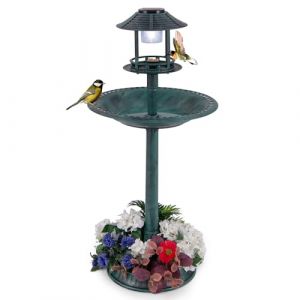 GOPLUS Mangeoire Oiseaux Exterieur sur Piédestal 3 en 1 avec Lumière Solaire, Dia. 50 CM, Abreuvoir Oiseaux Exterieur avec LED, Bain d’Oiseau et Décoration Vintage pour Terrasse, Cour (Bronze Vert) (Augenstern24, neuf)