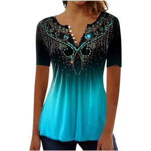 Chemisier Femme Chic et Élégant Manches Courtes Tshirt Chemisiers Et Blouses Grande Taille Imprimé Plissé Henley Tunique Tops Col V Blouse de Soie Boheme Haut Tunique Été Tee Shirt Femmes Solde (⭐⭐⭐⭐⭐AEGJEGVD(5-15 jours Arrivé), neuf)