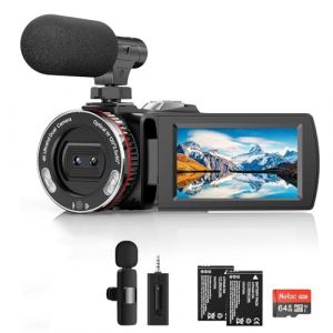 Caméscope 4K, caméra de vlogging 64 MP 60 fps avec microphone sans fil pour YouTube, écran rabattable ultra HD de 7,6 cm, zoom numérique 21x avec carte SD de 64 Go, télécommande et 2 piles (Windancy Inc, neuf)