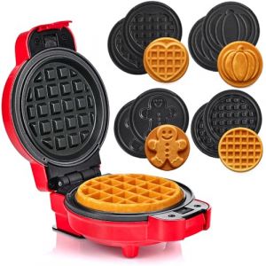 LEHMANN Mini Gaufrier avec Plaques Interchangeables, 4 formes – Citrouille, Pain d’épices, Cœur et Classique, Revêtement antiadhésif, Idéal pour les anniversaires d’enfants, Rouge (KT-24, neuf)