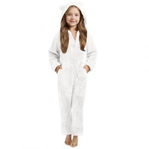 Pyjama Enfant Fille Gar&ccedil;on Douce Pyjamas Combinaison Surpyjama pour Enfants Grenouill&egrave;re Hiver Chaude Doubl&eacute;e Polaire avec Capuche V&ecirc;tements de Nuit en Polaire Pyjama Combinaison (White, 9-10 Years) (ZFeAOPLQ, neuf)