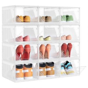 SONGMICS Bo&icirc;tes &agrave; Chaussures, Lot de 12, Rangement Chaussures en Plastique, Empilable et Reliable, avec Porte Magn&eacute;tique, Transparente, jusqu&rsquo;&agrave; la Pointure 46, Blanc Nuage LSP806WH01-2J (SONGMICS HOME FR, neuf)