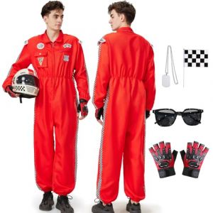 Joellfuner Costume de Pilote de Voiture de Course pour Hommes, Combinaison de Pilote de Course pour Adulte, Deguisement Pilote de Course avec Gants, Lunettes de Soleil pour Carnaval (Rouge, L) (TORYODOR ETRADE, neuf)