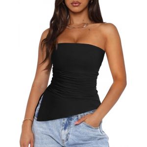 Sukiglam Debardeur Femme &Eacute;l&eacute;gant Bretelles Tube Top &Eacute;t&eacute; Sexy Dos Nu Bustier sans Manches Tunique Haut &Eacute;lastique Slim Fit Y2K Going Out Crop Tops Doux Ruch&eacute; Chemise avec Fente Lat&eacute;rale (Sukiglam Store, neuf)