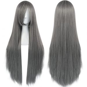 ANOGOL Perruque de cheveux longs gris avec frange de 80 cm + 80 cm de long - Cheveux synthétiques longs pour femme - Pour cosplay, Halloween, fête (Fast Media Ships From USA, neuf)