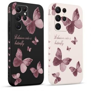 Pnakqil 2 Pi&egrave;ces Coque pour Samsung Galaxy S22 Ultra 5G 6,8", Etui avec Violet Pente Papillon Mignon Amusante Peint Dessin Lat&eacute;ral Case Souple Silicone Housse T&eacute;l&eacute;phone en Souple Fille Cover (CLUBIEN, neuf)