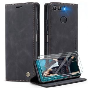 Caseme Coque pour Huawei P smart/Y7S + 2 Pi&egrave;ces Verre Tremp&eacute;,Etui Protection Housse Premium en Cuir PU, [Emplacements Cartes], Pochette Flip Case - Noir (WenBaby, neuf)