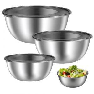 Velicber 3 Pi&egrave;ces Bols &agrave; M&eacute;langer en Acier Inoxydable, Saladier Bol &agrave; en Acier Inoxydable, Bol inox avec Couvercle, 2.1L+1.2L+0.7L Empilables Cul de Poule Inox pour Cuisine, P&acirc;tisserie et Stockage (Guoxuntech, neuf)