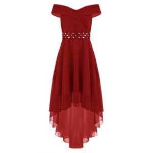Freebily Enfant Robe De Mariage Hors Épaules Ouverte Fille Robe de Cérémonie Ceinture Strass Asymétrique Robes de Soirée Fête Anniversaire Bal Bourgogne 13-14 Ans (MissPretty, neuf)