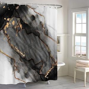 MIRRORANG Rideau de Douche en marbre Noir et Blanc d'or, Rideau de Douche de Couleur m&eacute;lang&eacute;e de Texture Aquarelle de Luxe, Rideau de Douche d'art Moderne Abstrait Ensemble de 12 Crochets,183x183cm (MIRRORANG Shop EU, neuf)
