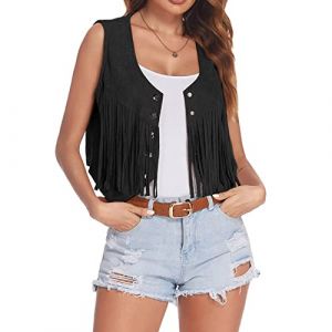 2024 Gilet à Frange Hippie Femme été Haut Veste Manteau Frangé sans Manches Vintage Daim Chic et Elégant Casual Grande Taille Mode Ethnique Cardigan Leger Court Western Cowboy Extérieur Streetwear (GUnakd, neuf)