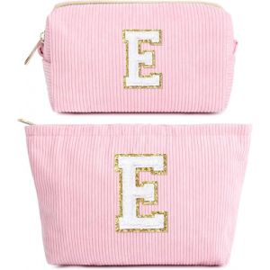 2 PCS Trousse Maquillage Femme, Pochette Maquillage avec Initiale, Sac de Maquillage de Voyage Velours C&ocirc;tel&eacute; Trousse de Toilette Cosm&eacute;tique Cadeau d'anniversaire No&euml;l Id&eacute;al pour Maman Fille, Rose E (hamatata, neuf)