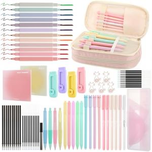 Halinuia 78 Pcs Fourniture Scolaire Kawaii avec Trousse, Stylo Gel, Pastels Surligneurs, Stylo Bille R&eacute;tractable, Porte Mine, Mine de Crayon, Gomme, R&egrave;gle, Sticky Notes, Signets (JKLkds, neuf)