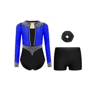 RUNQHUI Fille 3 Pi&egrave;ces Ensemble Gymnastique Justaucorps Manches Longues avec Short et Bandeau des Cheveux Tenue Gymnastique Strass pour Comp&eacute;tition Spectacle B Bleu Noir 9-10 ans (RUNQHUI, neuf)