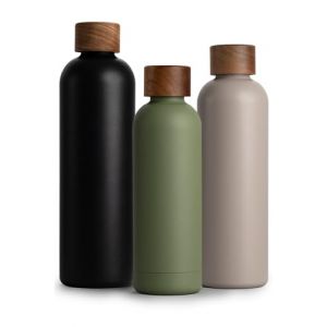 T&N Bouteille Isotherme d&rsquo;eau 500ml en acier inoxydable avec bouchon en bois d'acacia, Gourde Inox 0,5l, conserve le froid &agrave; 29h, la chaleur 14h, &eacute;tanche pour boissons gazeuses (TRENDY AND NEW, neuf)