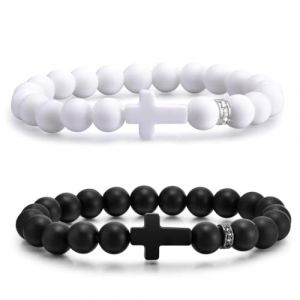 ZORVUJI Lot de 2 bracelets en perles avec croix de J&eacute;sus mates - Bracelet chapelet pour homme et femme - Cadeau chr&eacute;tien en noir et blanc (MiaoWL, neuf)