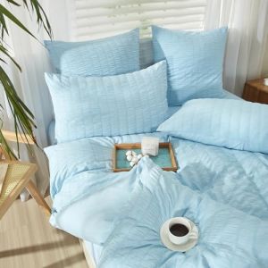 YASMENG Seersucker Housse de Couette 220x240 Bleu Rayé Seersucker Parure de Lit Doux Respirant Microfibre Seersucker Linge de Lit 2 Personne Adulte avec Fermeture Éclair avec Taies d'oreiller 65x65 cm (Tamir Zhang, neuf)