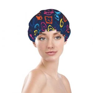 Bonnet de douche pour femme, r&eacute;utilisable, &eacute;tanche, double couche, bande &eacute;lastique, bonnet de bain pour cheveux longs, horloge color&eacute;e (JinRui-EU, neuf)