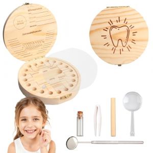 XIANJIA 3 Pièces Boite a Dents de Lait, Boite Dent de Lait, Wooden Milk Tooth Box Comprend Un Miroir Dentaire et Une Loupe, Garcon Cadeau Bapteme Fille Cadeau Personnalisé Bebe (xianjiadianzi, neuf)