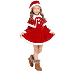 Robe No&euml;l Fille D&eacute;guisement Rouge Princesse Velours Manches Longues Chapeau Ensemble Costume Enfant F&ecirc;tes De No&euml;l Tenue De F&ecirc;te Enfant Costume No&euml;l Hiver Doux Robe De F&ecirc;te Enfant pour 12 Mois-12 Ans (Xiao hX, neuf)