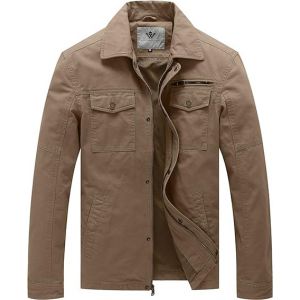 WenVen Homme Veste Saharienne Veste Légère Manteau Décontracté en Coton Veste d'Extérieur Casual Veste Zippée Coupe-Vent Automne Printemps Kaki XL (C'est la vie, neuf)