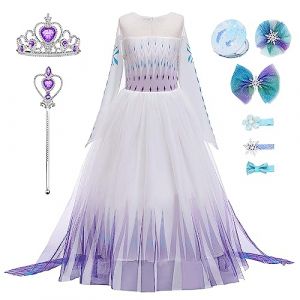 New front Fille Robe Princesse Elsa D&eacute;guisement Reine des Neiges Accessoires Baguette Magique Couronne Miroir Barrettes Clips Cosutme Enfant Cadeau No&euml;l Anniversaire Carnaval,Bleu,130 (New Front, neuf)