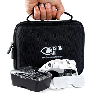 Vision Aid – Lunettes loupe avec lumière LED, 5 verres, bandeau, étui de rangement, loupe mains libres pour loisirs créatifs, dégénérescence oculaire, point de croix, peinture diamant, travail de près (Vision Aid France, neuf)
