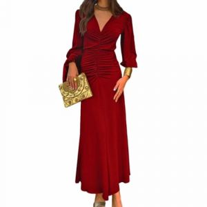 AOWVUTS Robe de Soir&eacute;e Femme Robe Longue Manche Longue Col en V Chic Et Elegant Robes Maxi de Cocktail Ruched Sexy Robes Bal de Promo F&ecirc;te C&eacute;r&eacute;monie Slim Fit Demoiselle d'honneur pour Mariage Invit&eacute; (Foshan City Dange Auto Co., neuf)
