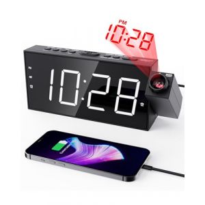 ROCAM R&eacute;veil Projecteur, Reveil Projection Plafond Horloge Projecteur Blanc avec Charge USB, R&eacute;veil Matin pour Gros Dormeur/Enfant/Adults, Affichage LED, 12/24H, Snooze (Yelaw Technology, neuf)